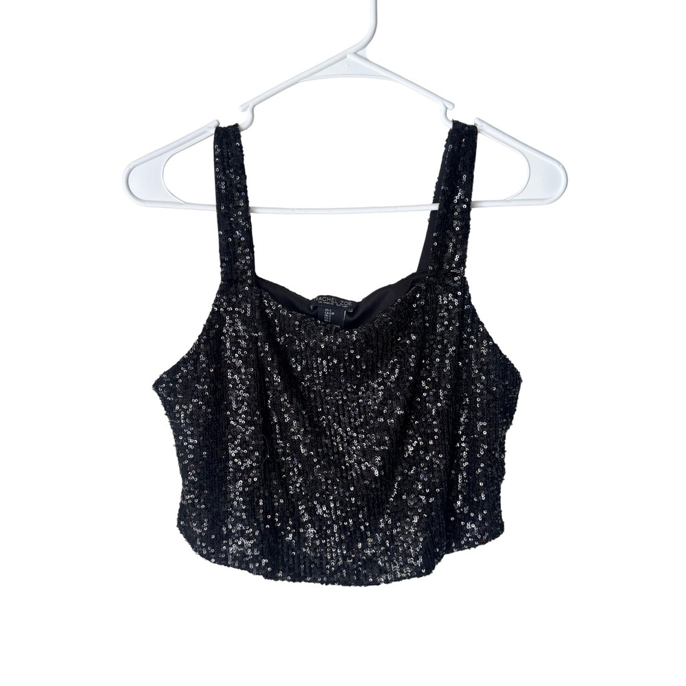 Rachel Zoe Black Sequin Crop Top Square Neck Sleeveless Sparkle Party Small